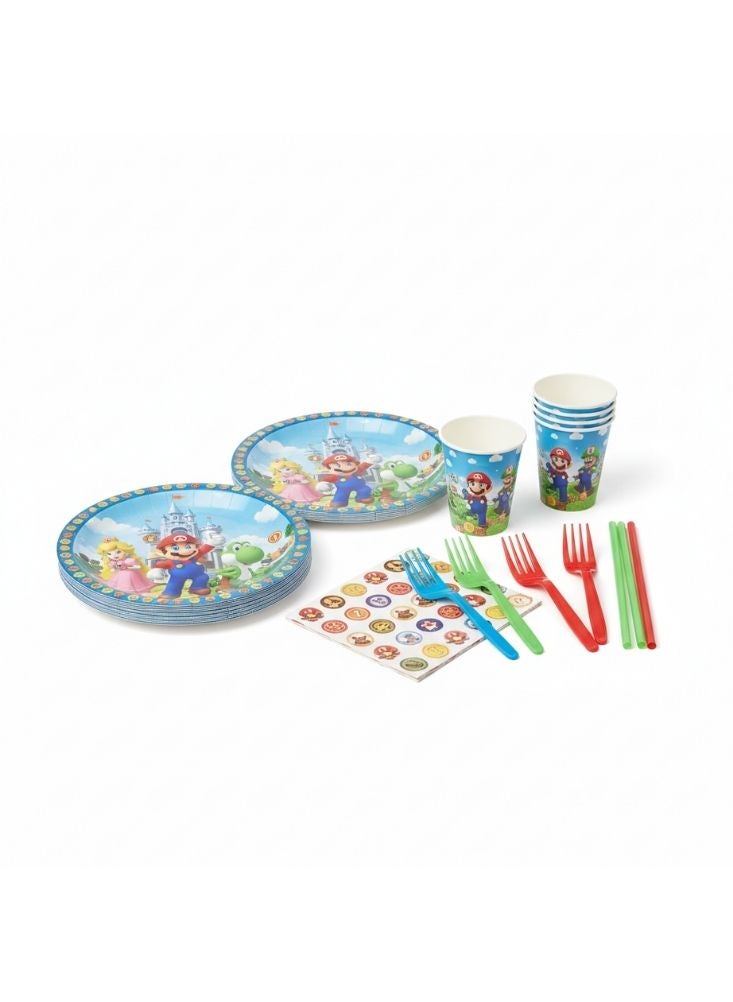 ماريو طقم أدوات مائدة لحفلات أعياد ميلاد الأطفال يضم شخصيات سوبر ماريو – ماريو، لويجي، الأميرة بيتش ويوشي – أطباق، أكواب، وأدوات مائدة (أربع قطع من كل عنصر) - Image 3